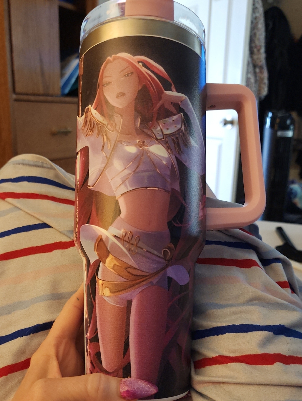 K Pop Demin Hunter Romi  Pink Handle Anime Character Travel Tumbler.